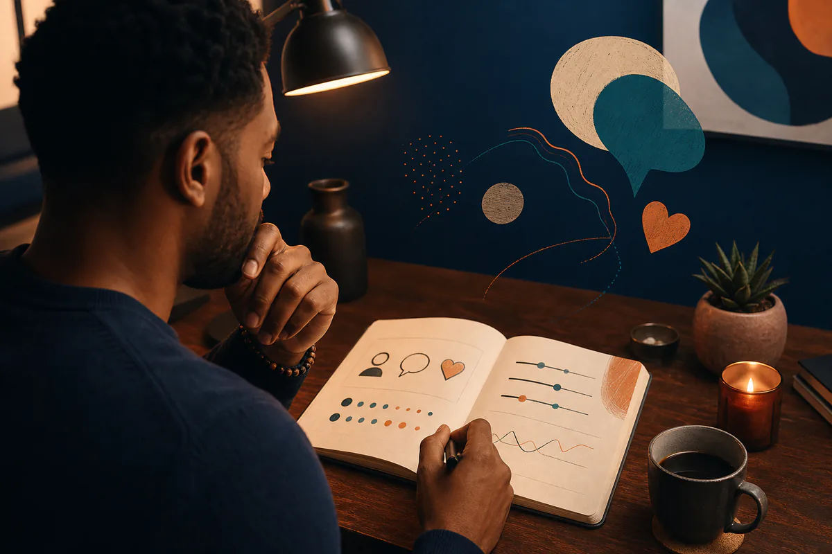 A man studies reply metrics and message symbols in an open notebook.