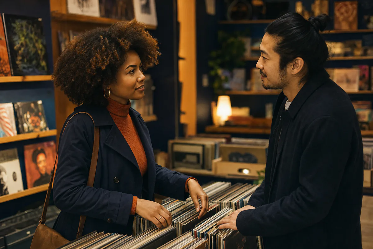 A couple talks while browsing records in a warmly lit shop.