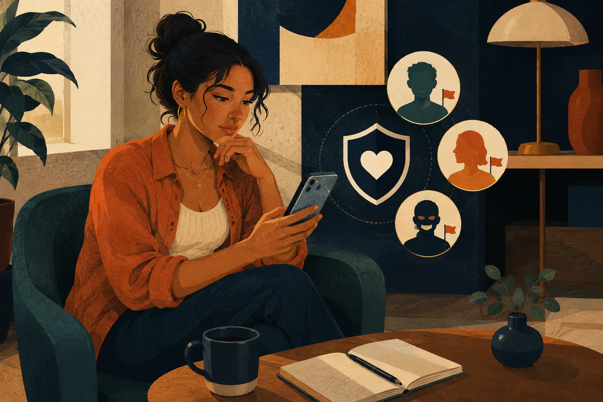 A woman reviews her phone beside a shield and flagged-profile symbols.