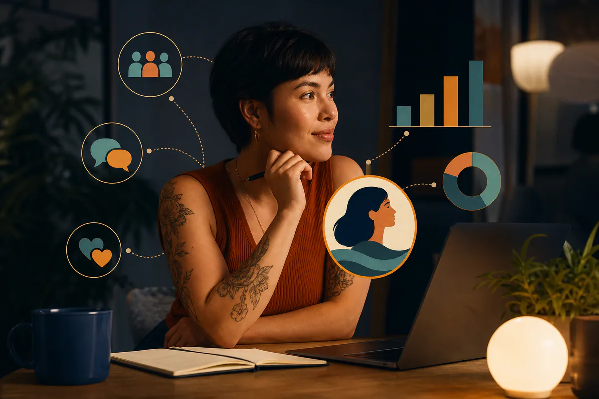 A woman studies a laptop beside audience, conversation, relationship, and growth metrics.