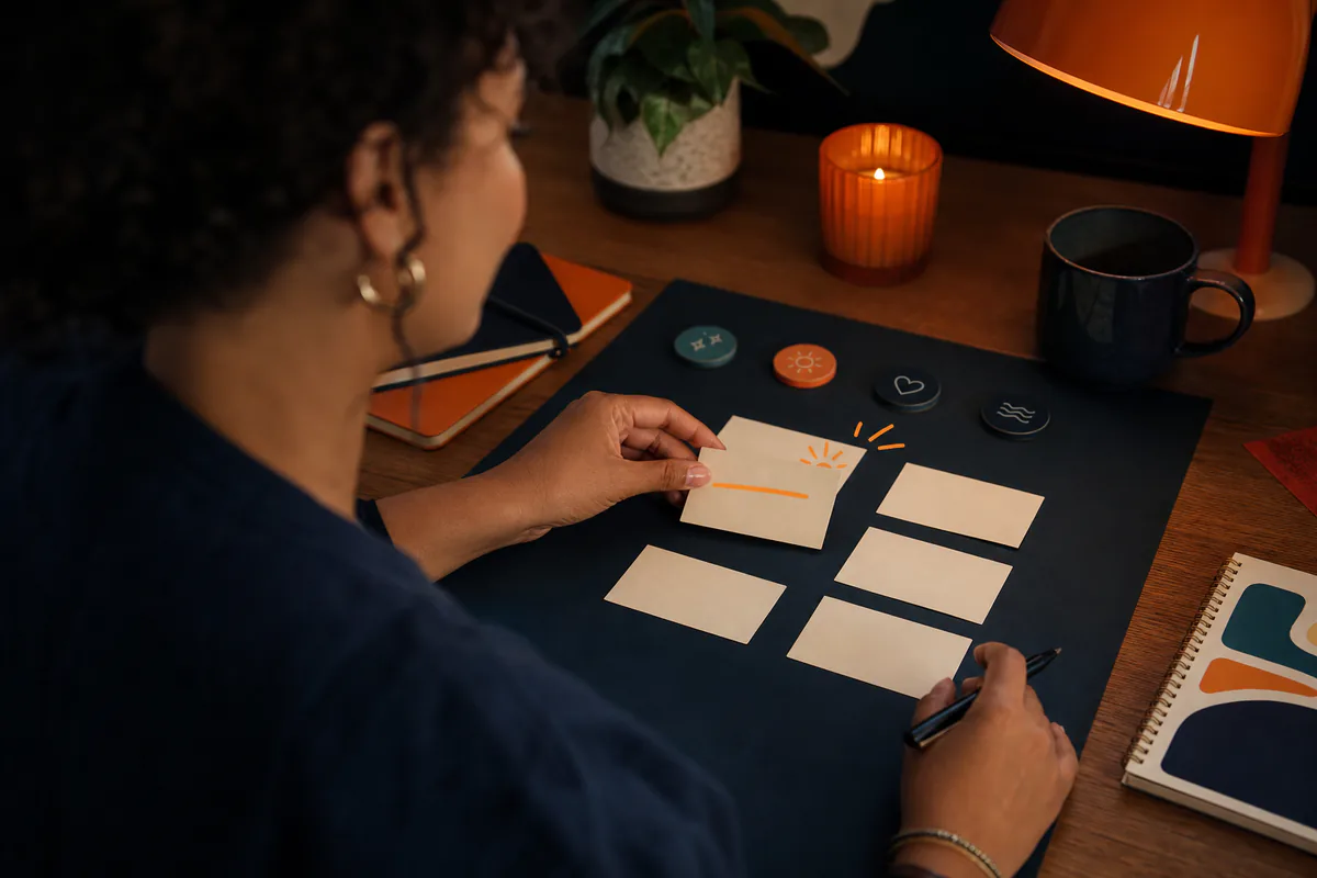 A woman selects one blank profile-copy card from a structured layout.