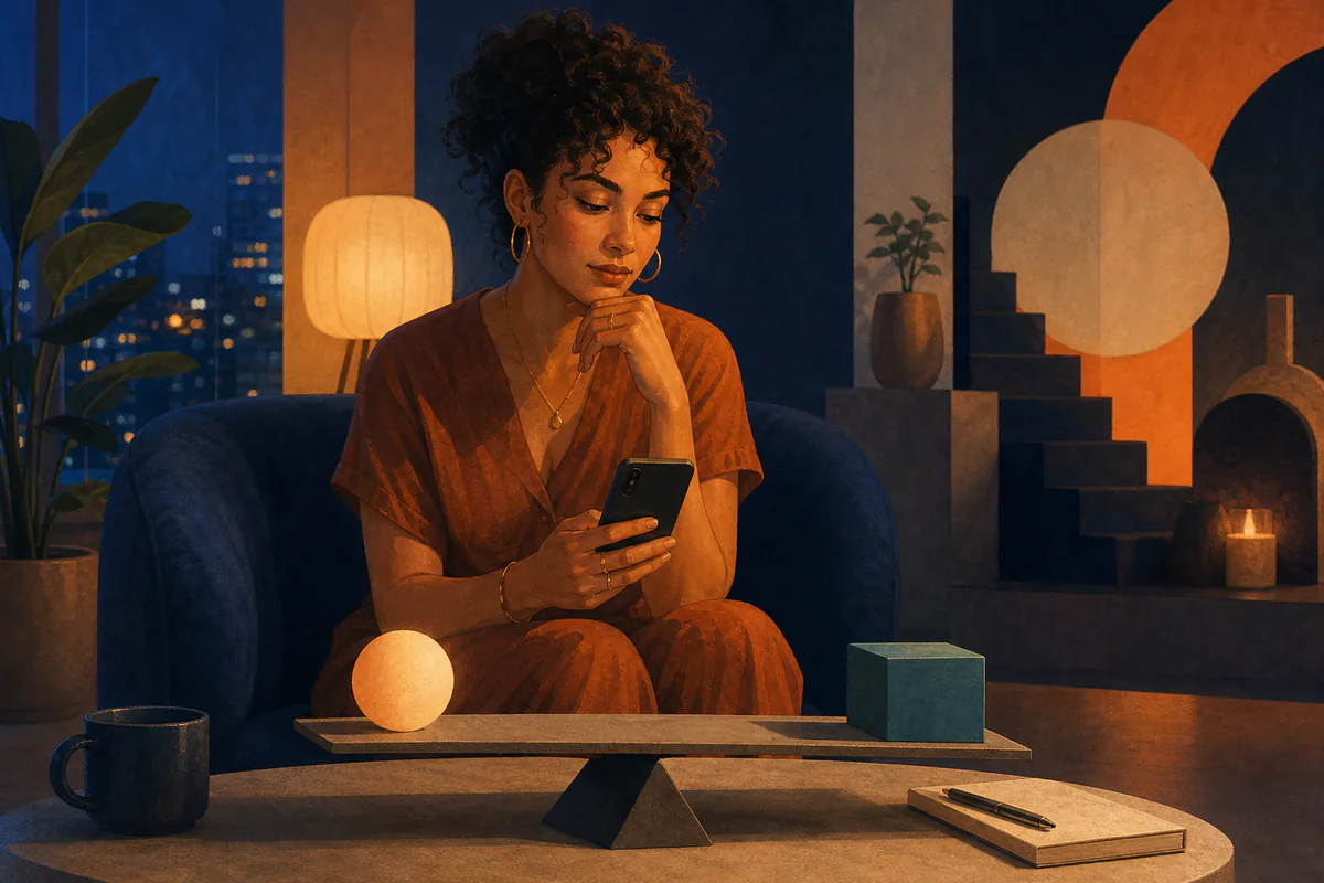 A woman considers her phone beside a balance beam holding a sphere and cube.