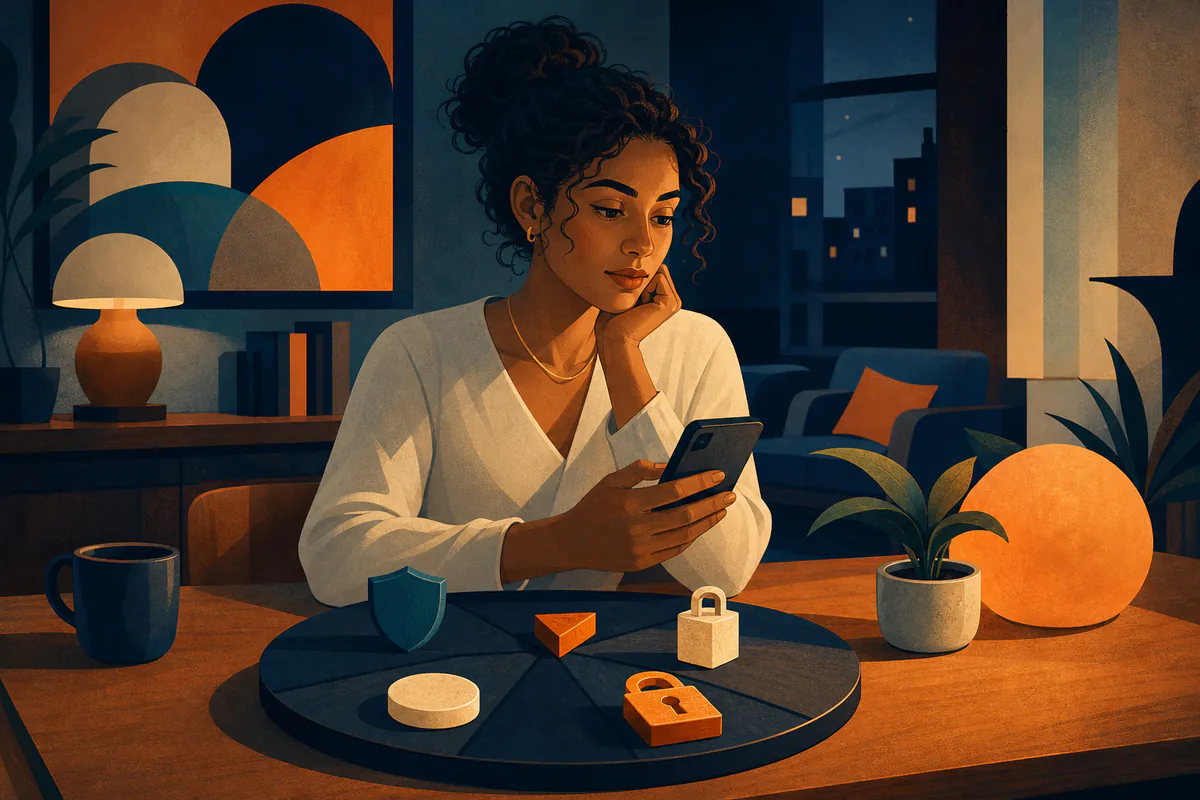 A woman reviews her phone beside lock and security puzzle pieces.