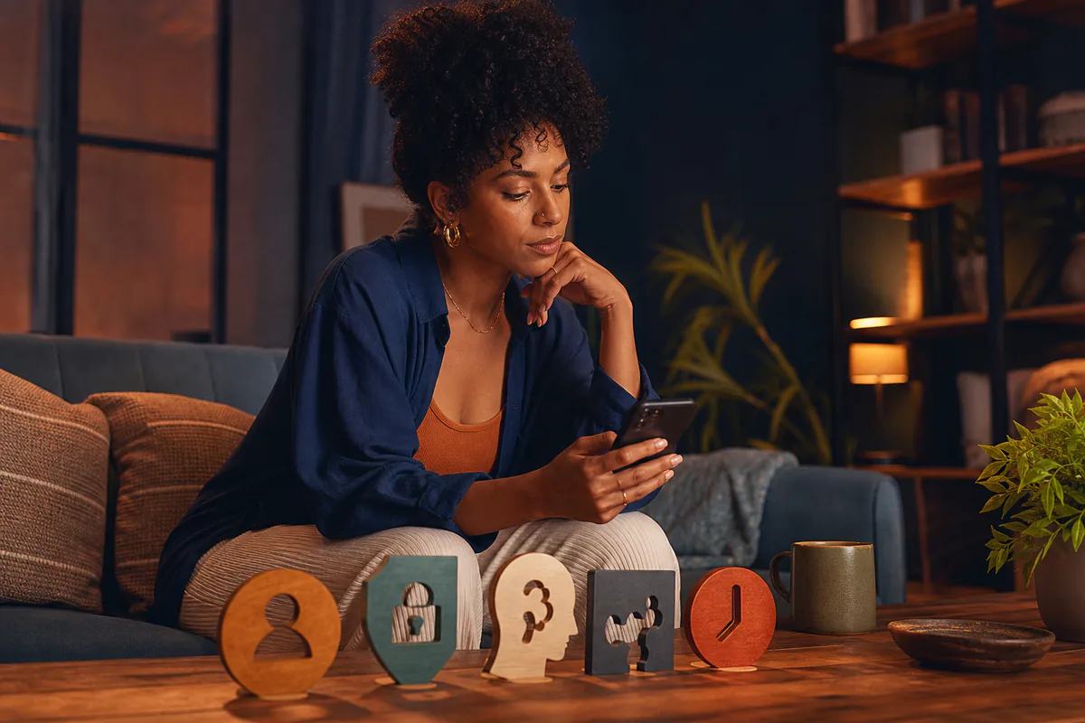 A woman examines her phone beside cutout symbols for identity, privacy, questions, and time.