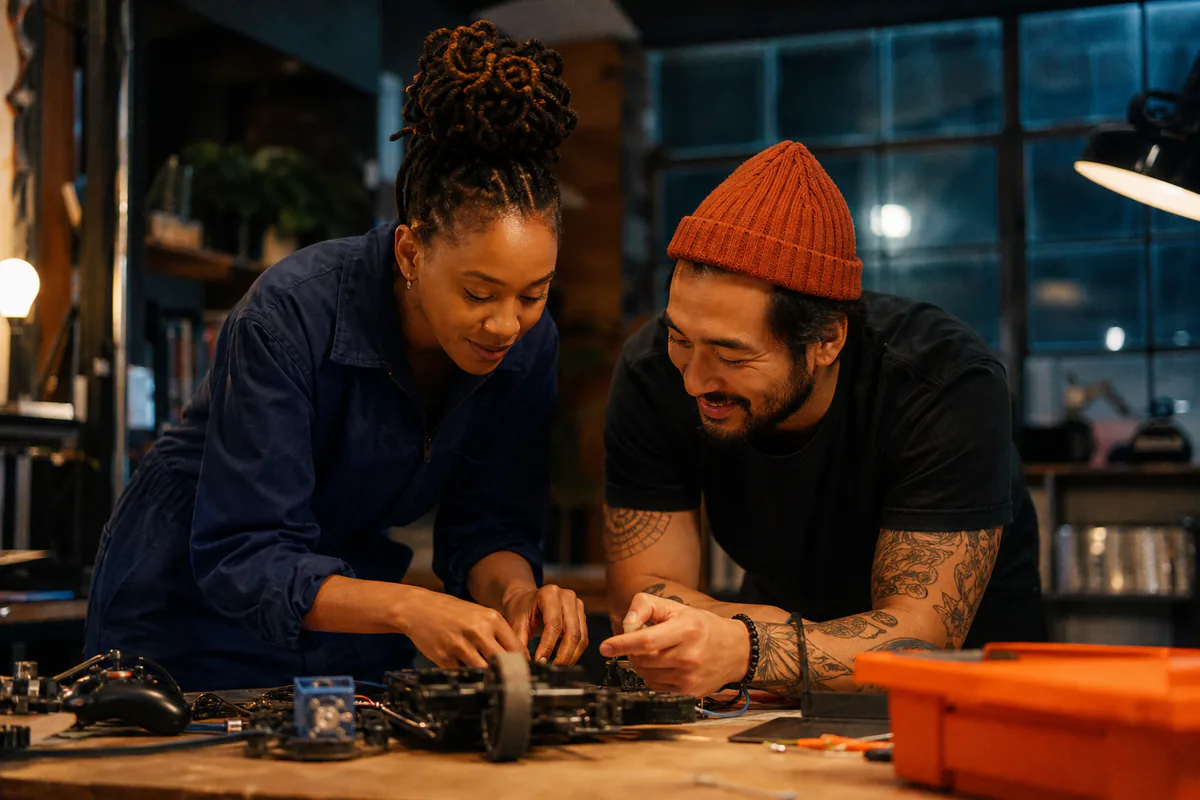 A couple repairs a piece of electronic equipment together at a workbench.