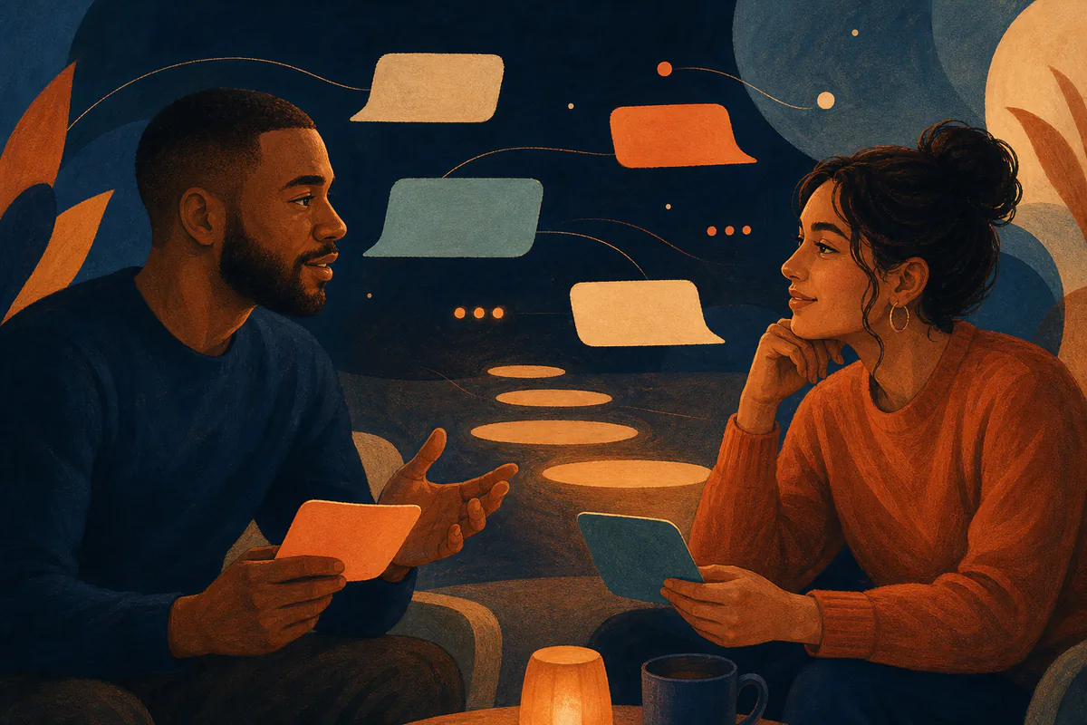 Two adults restart a conversation with message cards and stepping-stone shapes between them.