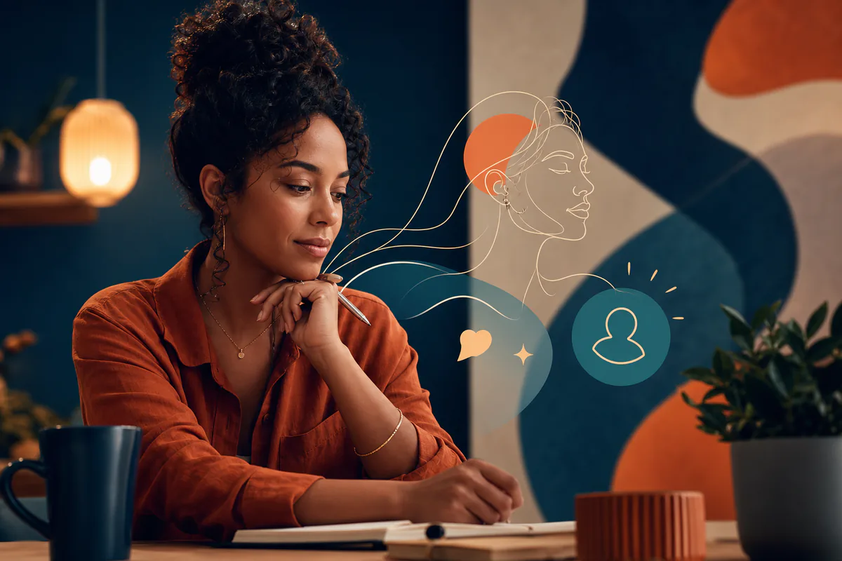 A woman takes notes beside a line portrait and profile conversation symbols.