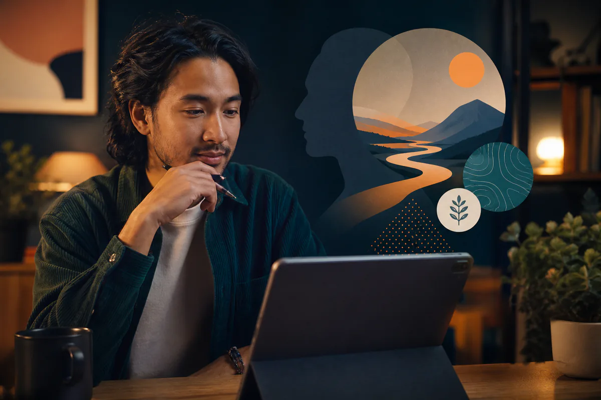 A man reviews a tablet beside an abstract profile silhouette and winding landscape.