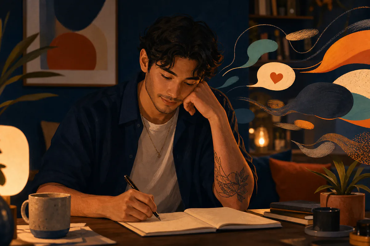 A man writes in a notebook beneath flowing speech bubbles and a heart.