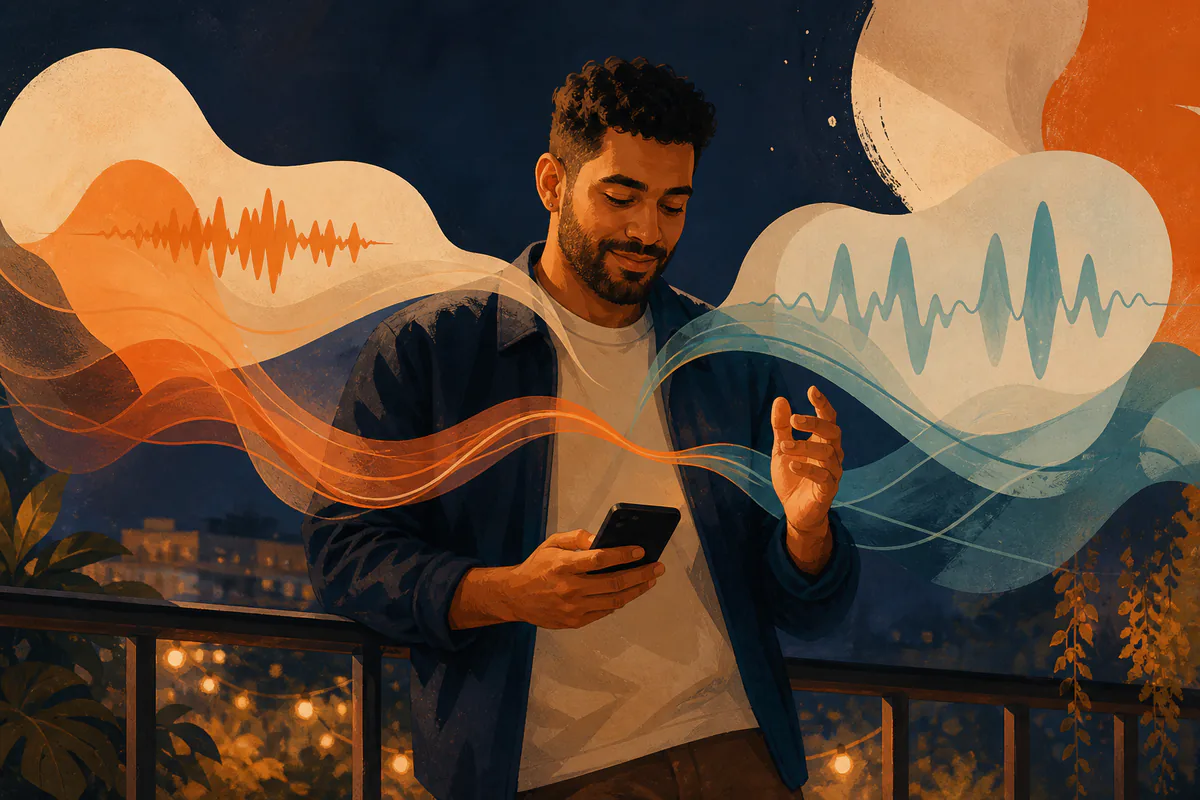 A man checks his phone as contrasting voice waveforms flow around him.