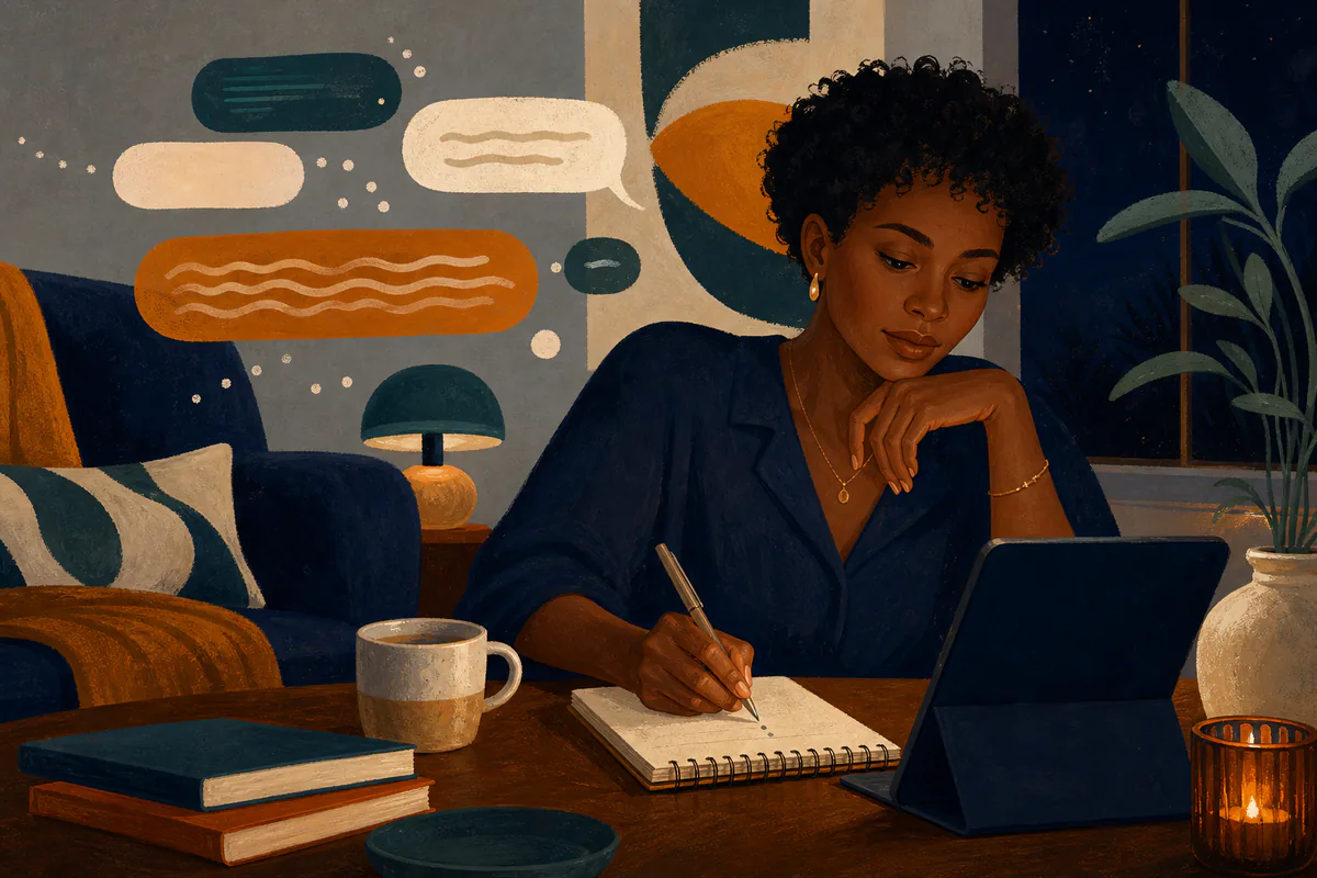 A woman takes notes beside a tablet and several abstract message bubbles.