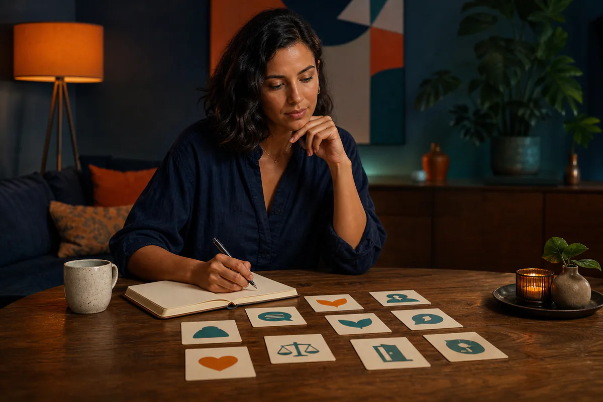 A woman journals beside cards showing symbols for connection, balance, and communication.