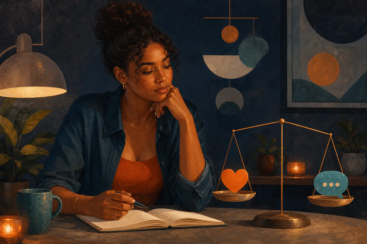 A woman journals beside a balance scale weighing a heart against a speech bubble.