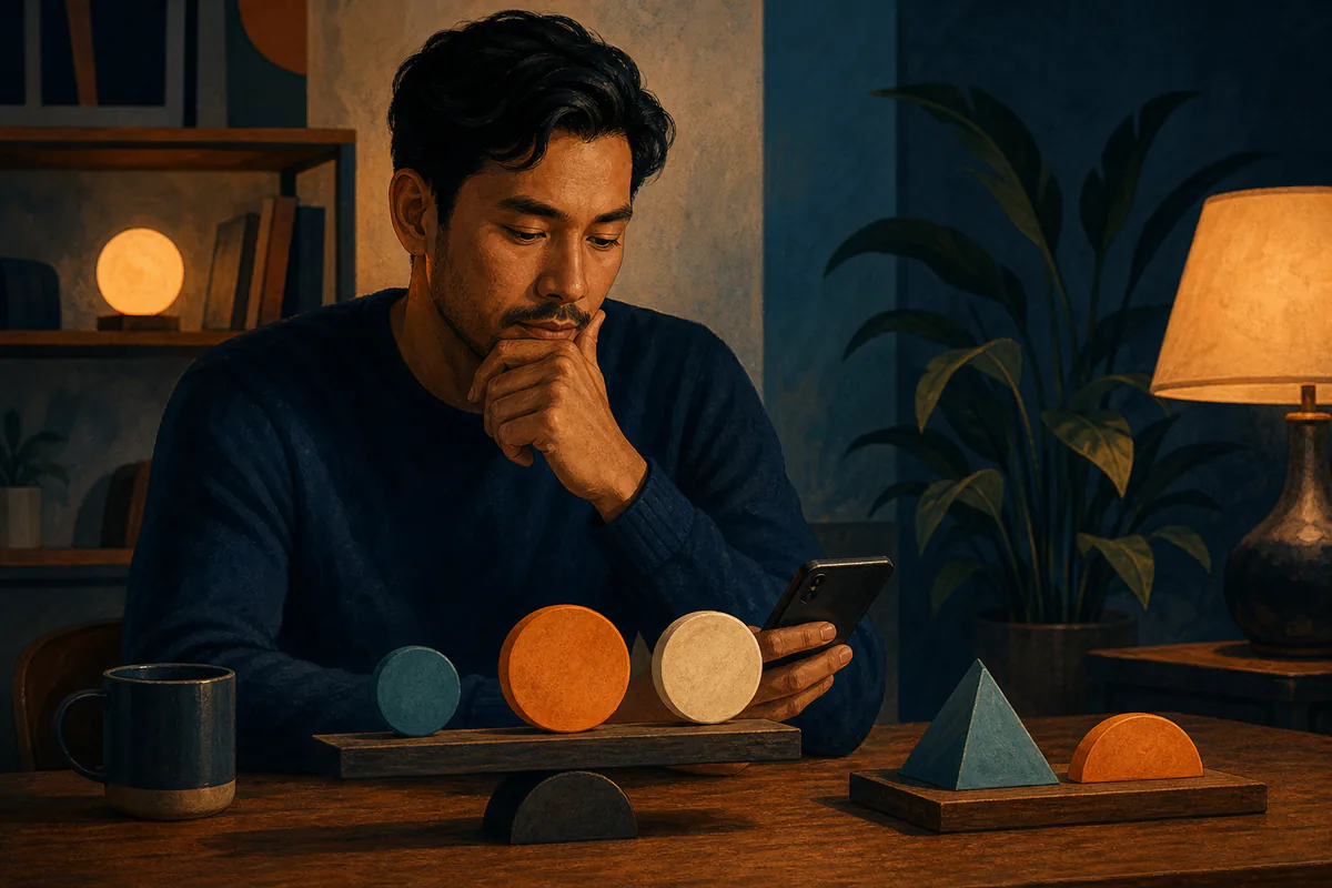 A man reviews his phone beside geometric pieces arranged in balanced rows.