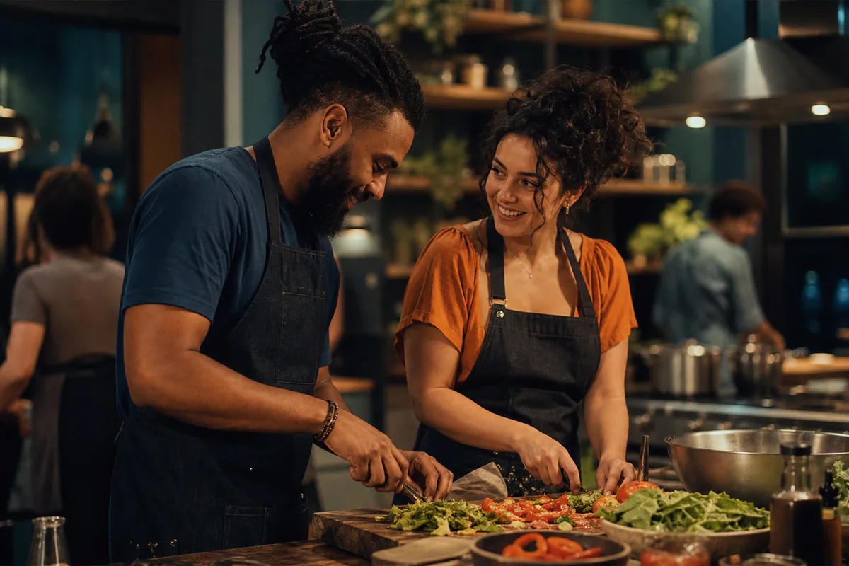 A couple smiles at each other while preparing a meal in a cooking class.
