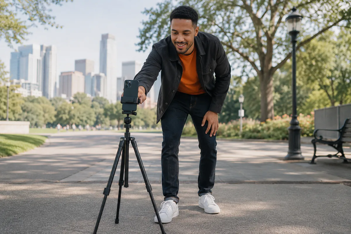 Telefono su un piccolo treppiede fotografa una persona che cammina nel parco