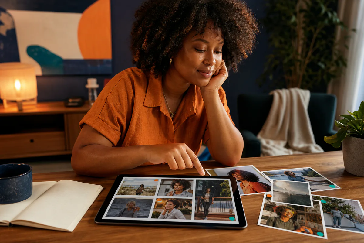 A woman compares portraits of herself on a tablet and in printed photos.