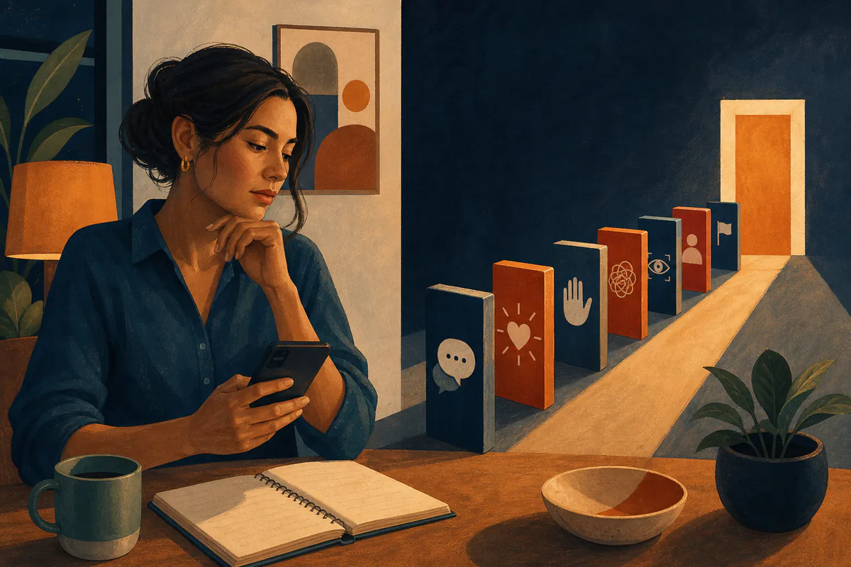 A woman studies a row of warning and relationship symbols leading toward a doorway.