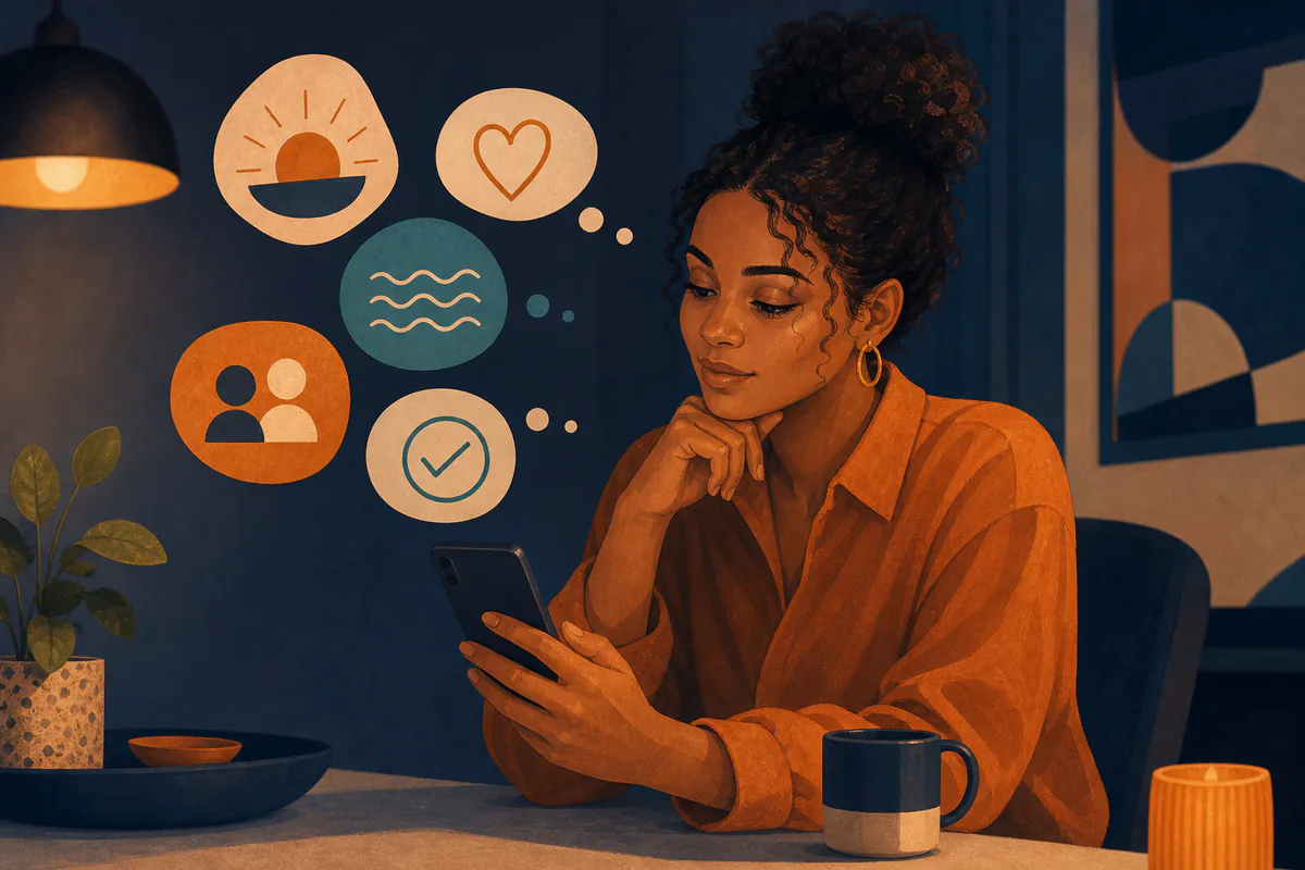 A woman reviews her phone beside symbols for calm, care, connection, and reassurance.