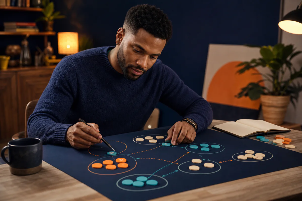 A man clusters colored tokens into connected topic groups on a dark board.