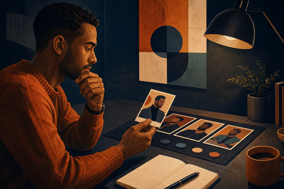 A man compares illustrated portrait variations and color swatches beside a notebook.