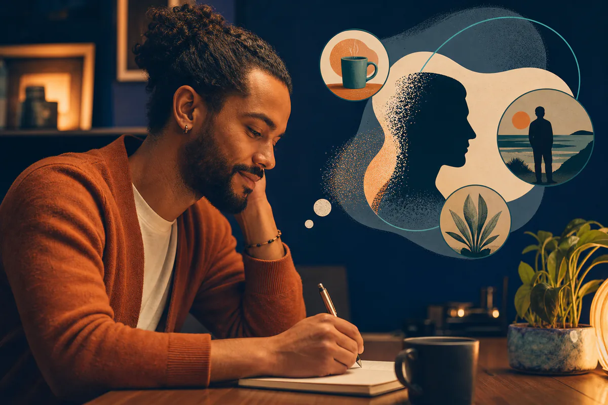 A man writes beside symbols for a person, coffee, plants, and an outdoor meeting.