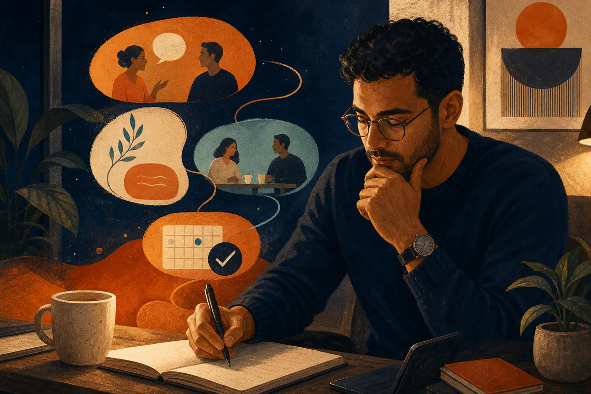 A man plans a path from conversation to a café date and calendar commitment.