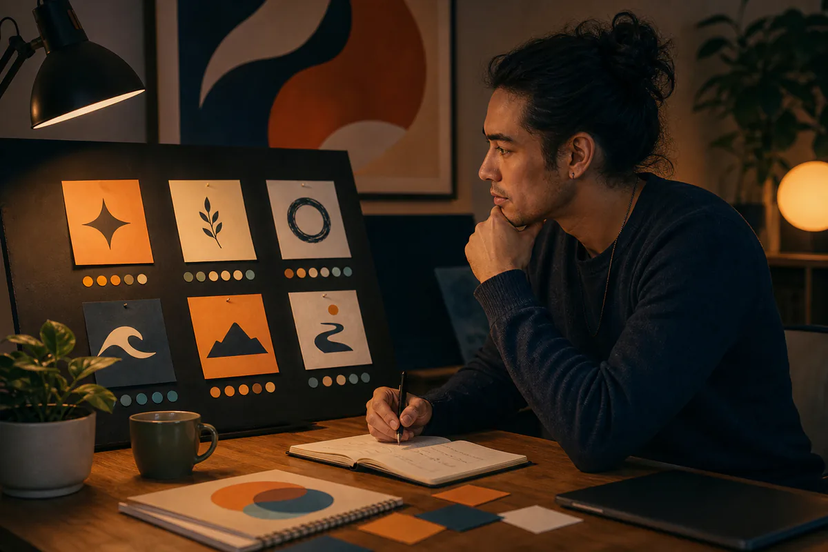 A man compares abstract identity cards and color systems on a display board.