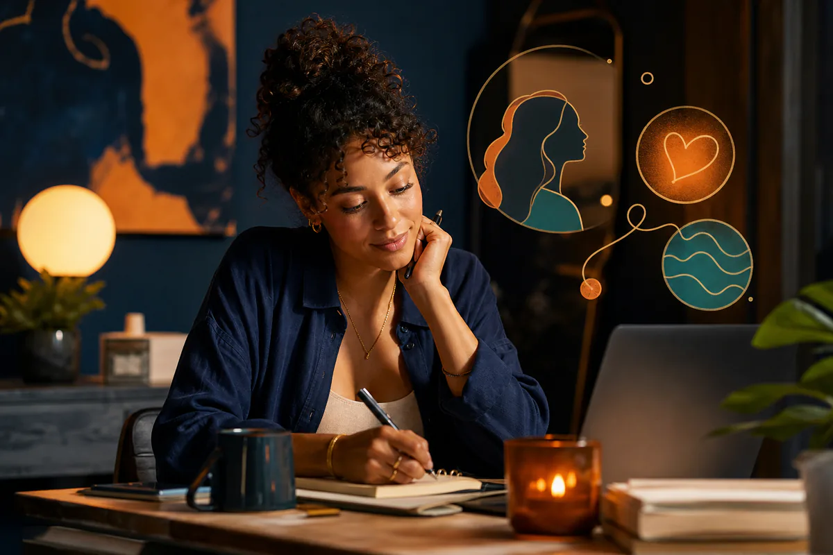 A woman writes beside a laptop as a profile silhouette, heart, and wave symbols connect.