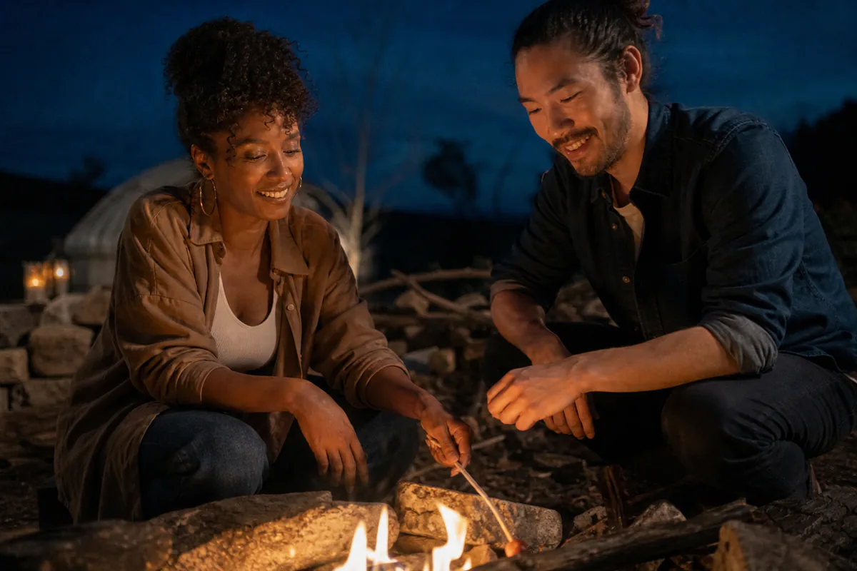 A smiling couple talks while roasting marshmallows over a campfire.