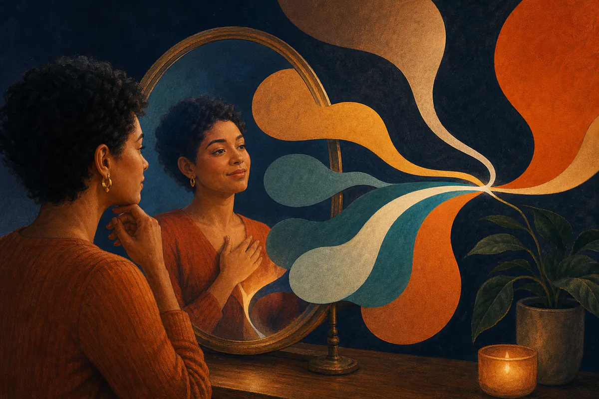A woman looks into a mirror as colorful speech shapes converge from her reflection.
