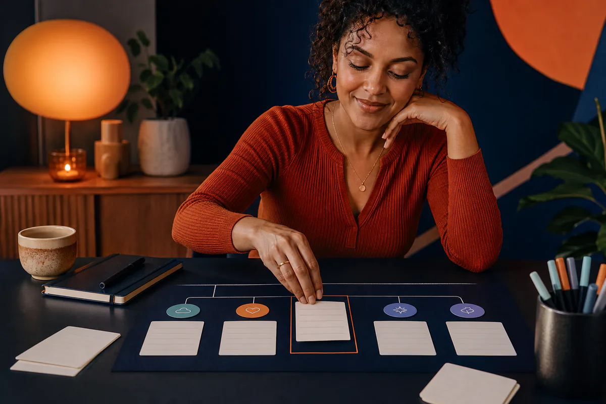 A woman selects one blank caption card from a structured writing layout.