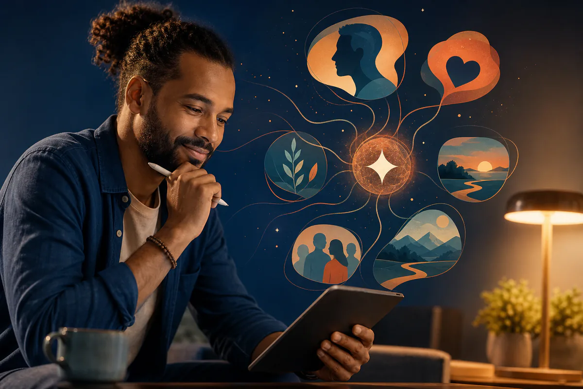 A man reviews a tablet beside connected symbols for identity, connection, community, and shared interests.